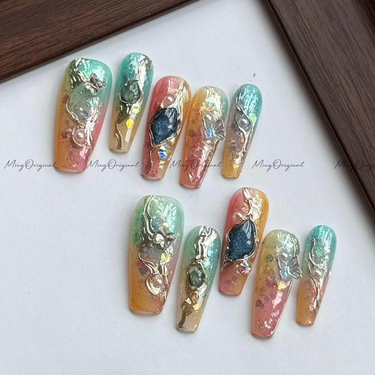 Ethereal Alloy | Sculptural press on nails, jelly aura base with chrome details, abstract gemstone accents, luxury glazed nail art, MO561