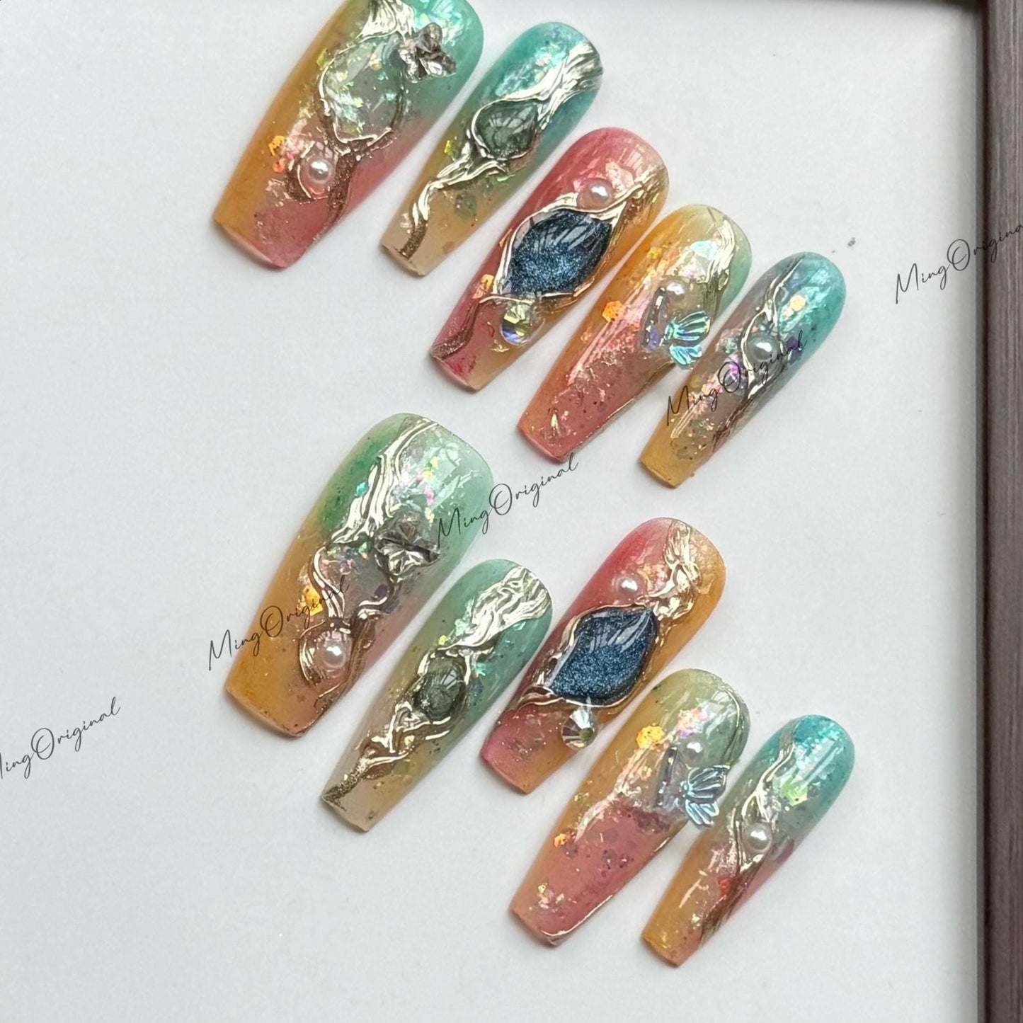 Ethereal Alloy | Sculptural press on nails, jelly aura base with chrome details, abstract gemstone accents, luxury glazed nail art, MO561