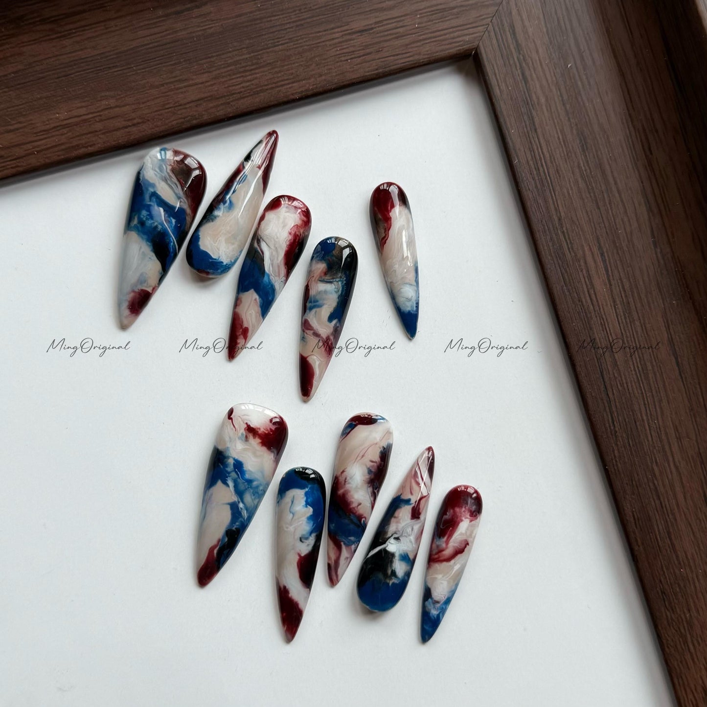 Ocean Marble | Abstract navy marble press-on nails, smoky clouded nail art, midnight vibe design, water blooming gift for her, MO543