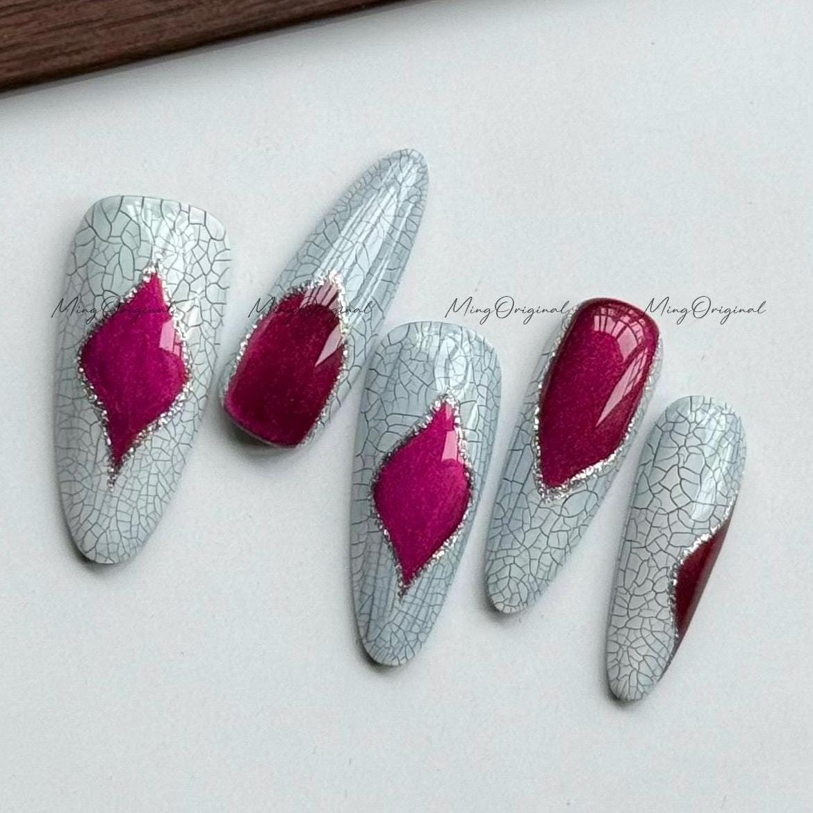 Snakebite Ruby hot purple cat eye snake skin press on nails,Bejeweled and snake inspired, crackle texture, edgy and bold, gift for her MO562
