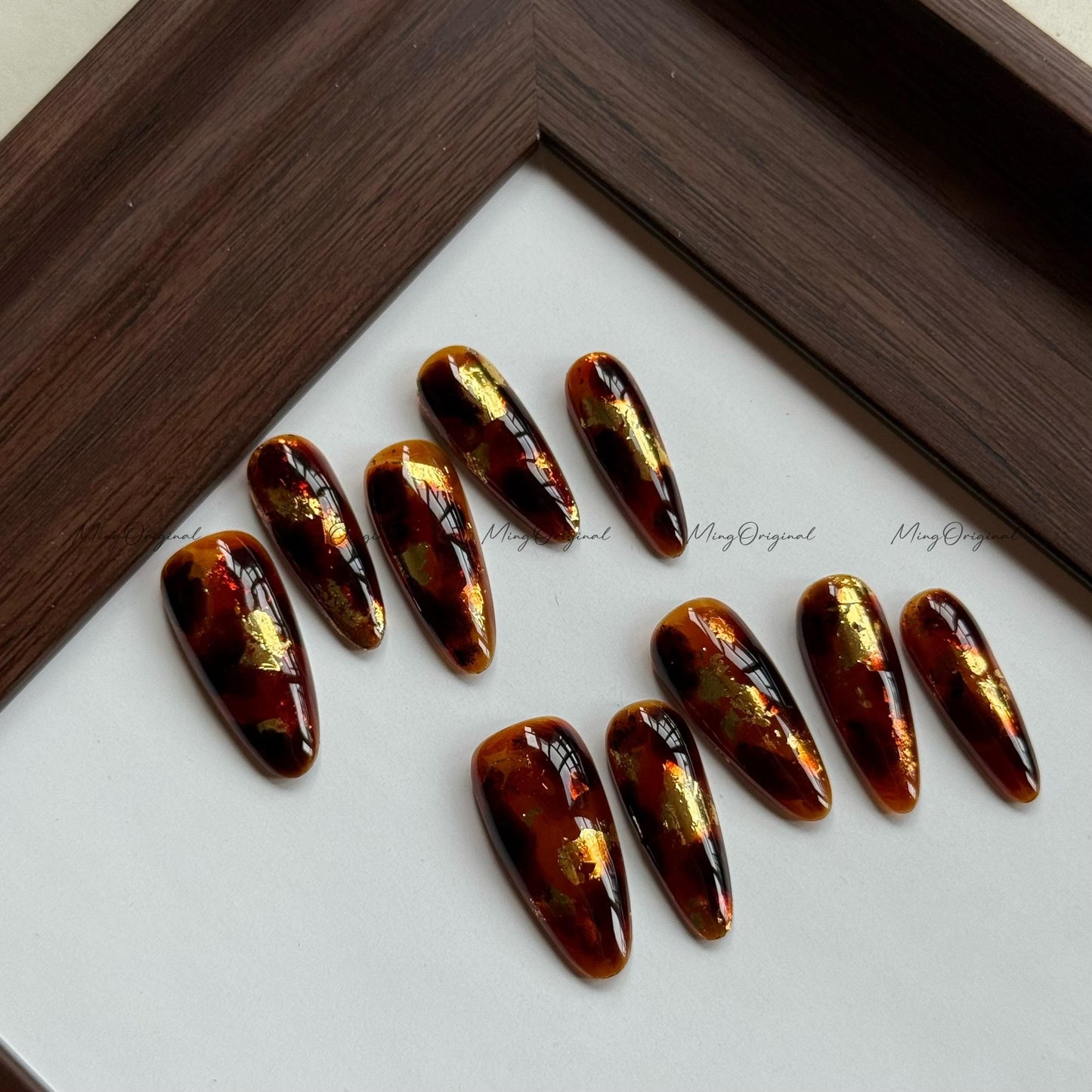 Gold Version Classic Tortoise Shell Amber water blooming Press on Nails, Jelly hand painted nail, fall winter nail,gift for her,MO563