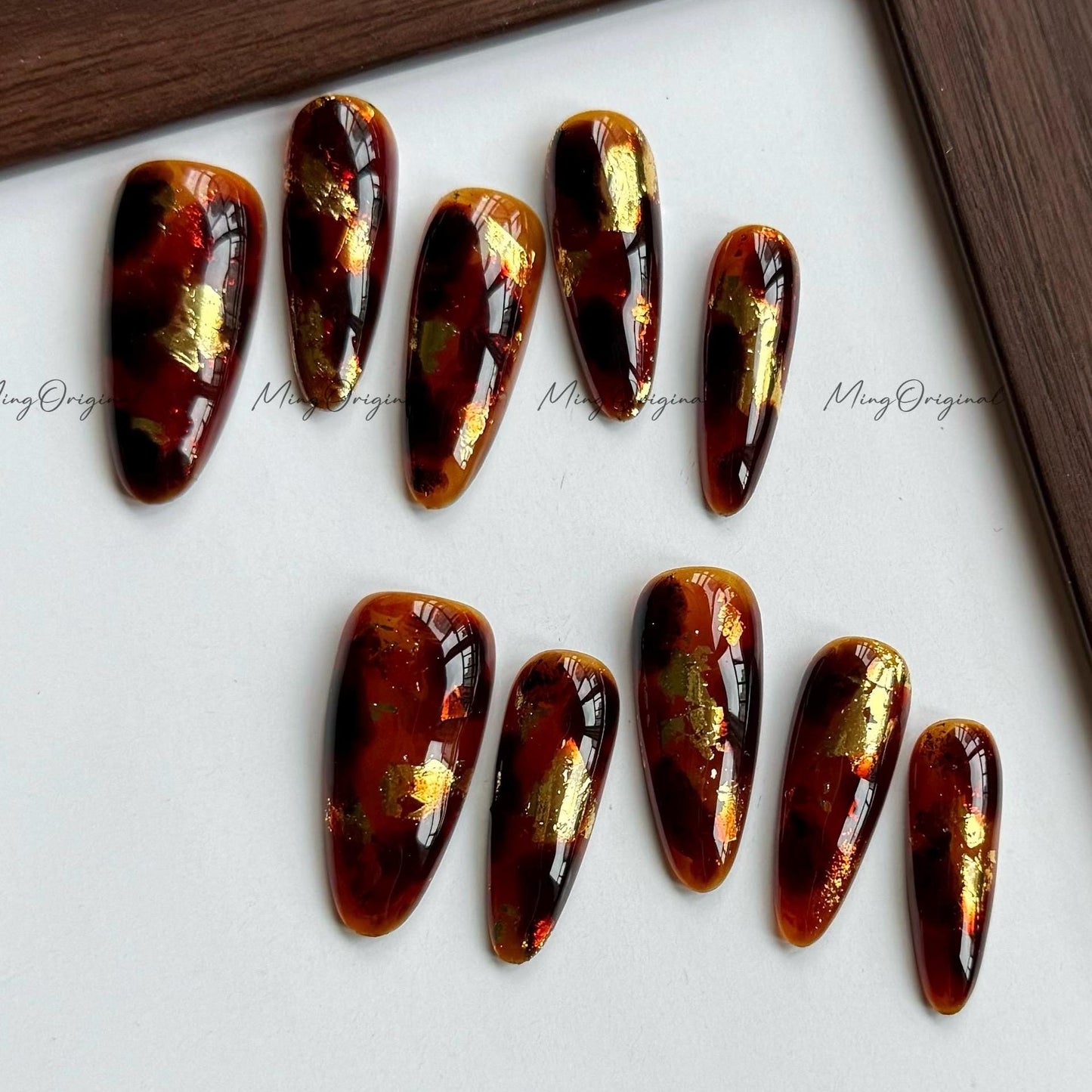 Gold Version Classic Tortoise Shell Amber water blooming Press on Nails, Jelly hand painted nail, fall winter nail,gift for her,MO563