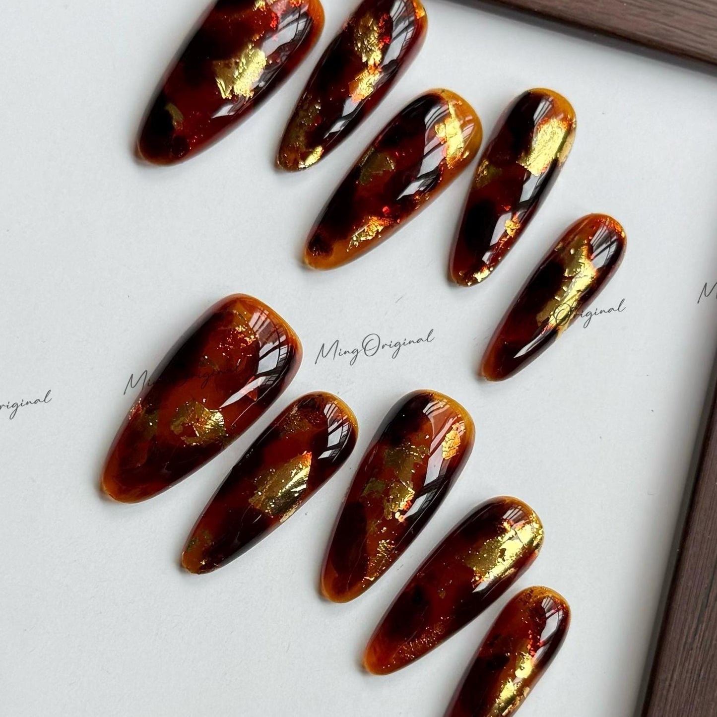 Gold Version Classic Tortoise Shell Amber water blooming Press on Nails, Jelly hand painted nail, fall winter nail,gift for her,MO563