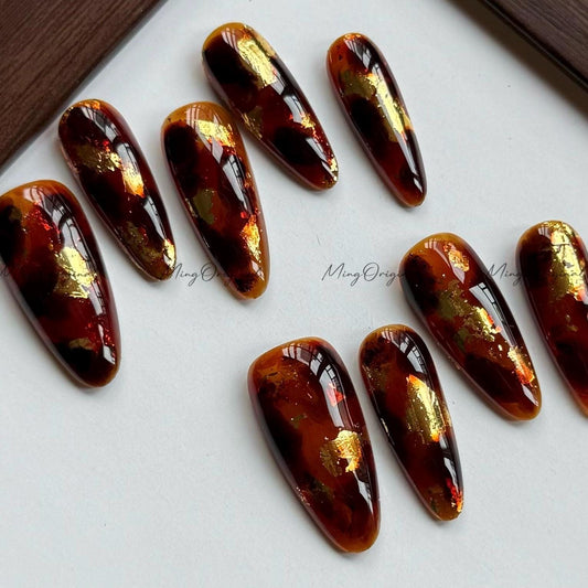 Gold Version Classic Tortoise Shell Amber water blooming Press on Nails, Jelly hand painted nail, fall winter nail,gift for her,MO563
