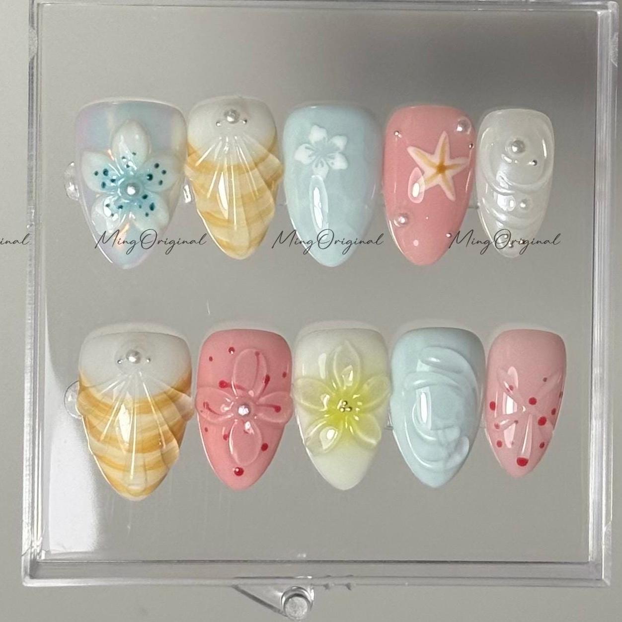 Seashell Press On Nail, 3D Summer Beach Jelly Flowers, Starfish, Ocean Pastel Color, Hand-painted Nail Art, vacation holiday gift,MO585