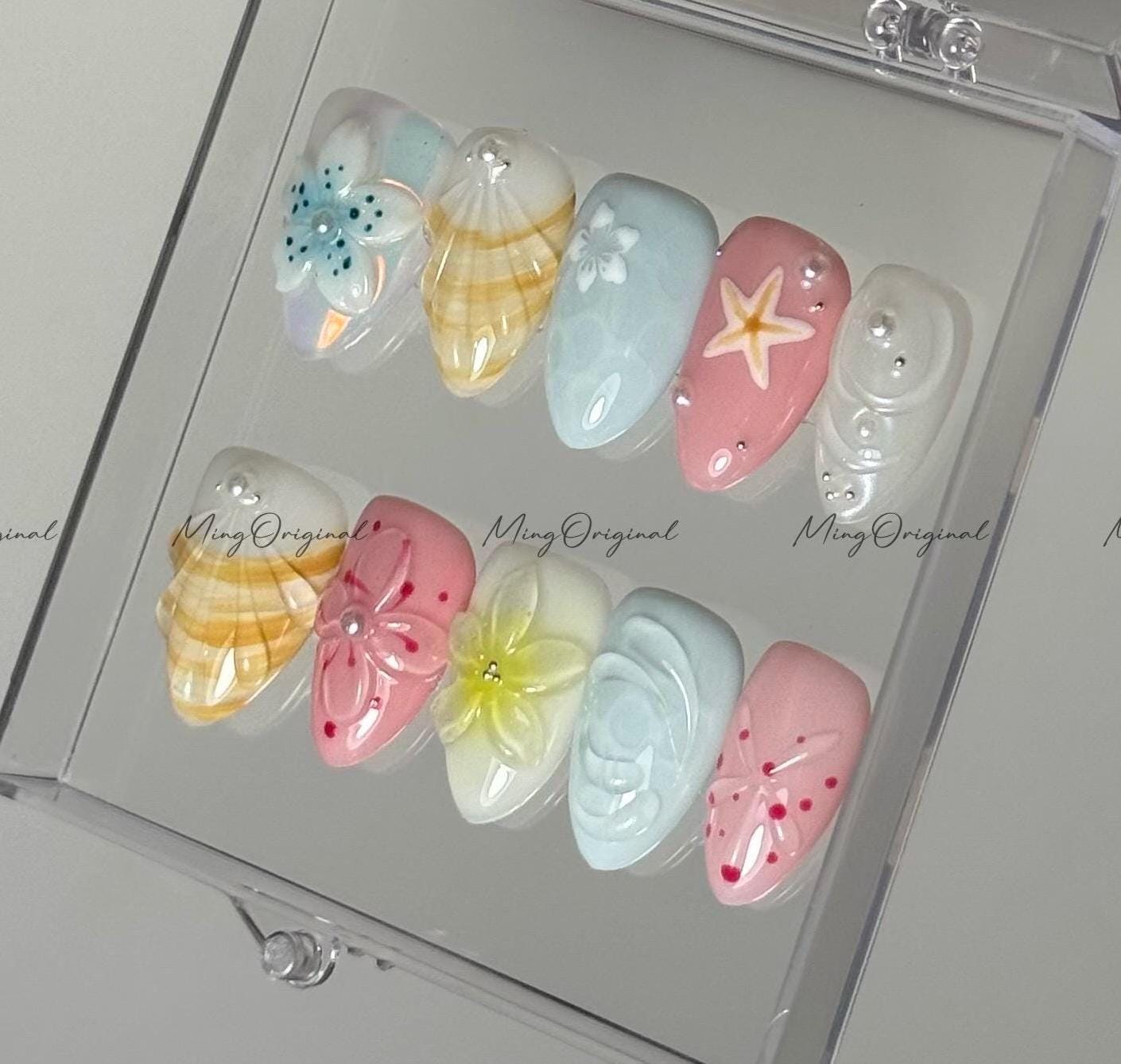 Seashell Press On Nail, 3D Summer Beach Jelly Flowers, Starfish, Ocean Pastel Color, Hand-painted Nail Art, vacation holiday gift,MO585