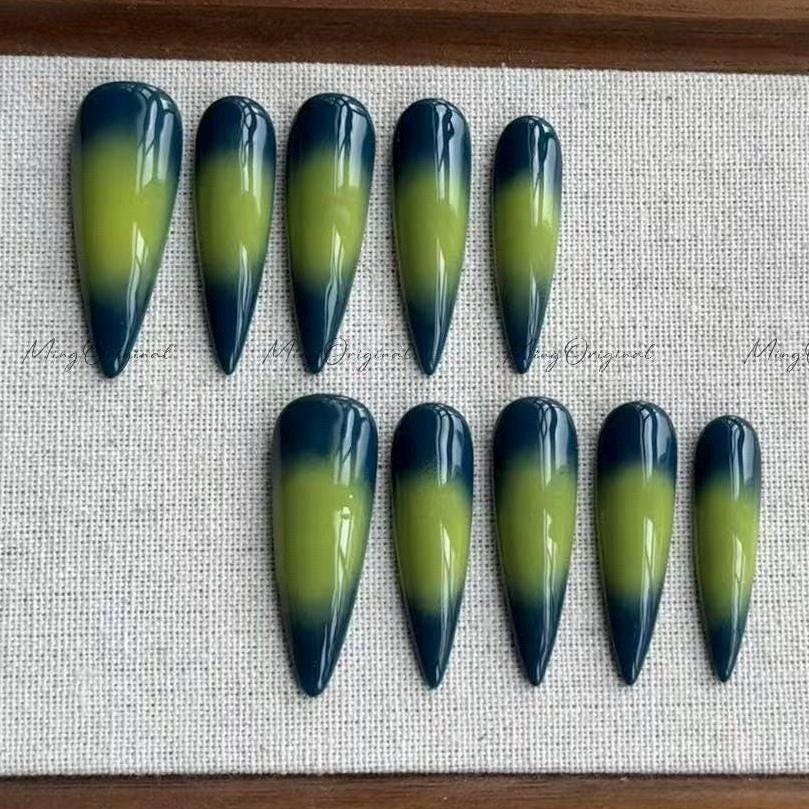 Neon ombré faded green press on nail, colorful summer vibe nails, vacation gift for her MO586