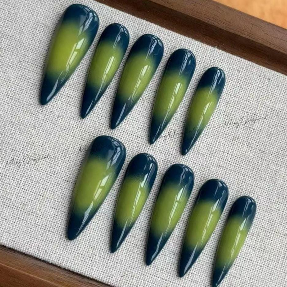 Neon ombré faded green press on nail, colorful summer vibe nails, vacation gift for her MO586