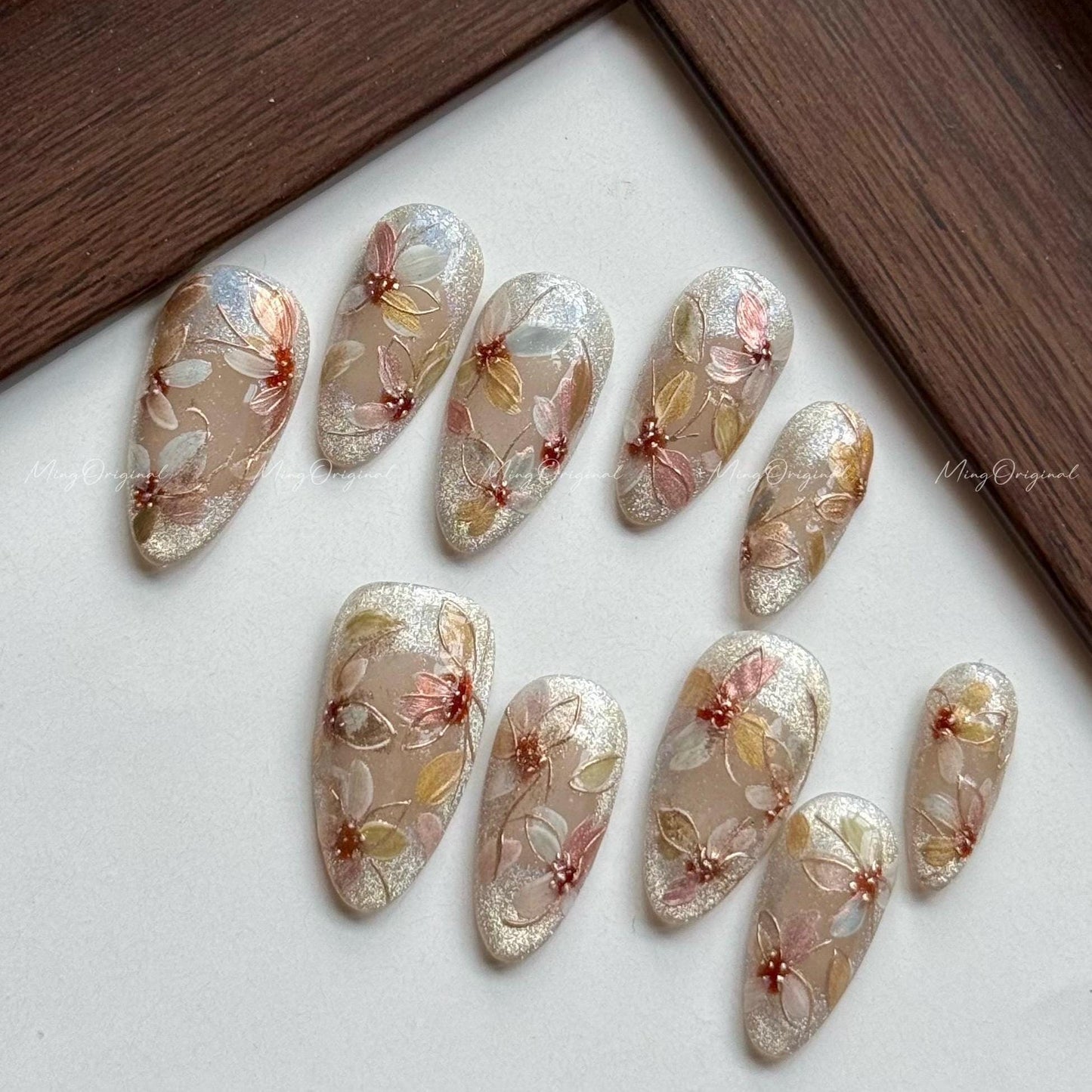 Pressed Floral in Bloom(Version 2) Hand-painted layered flowers, intricate design, gold accents, Japanese art nails, gift for mother, MO587