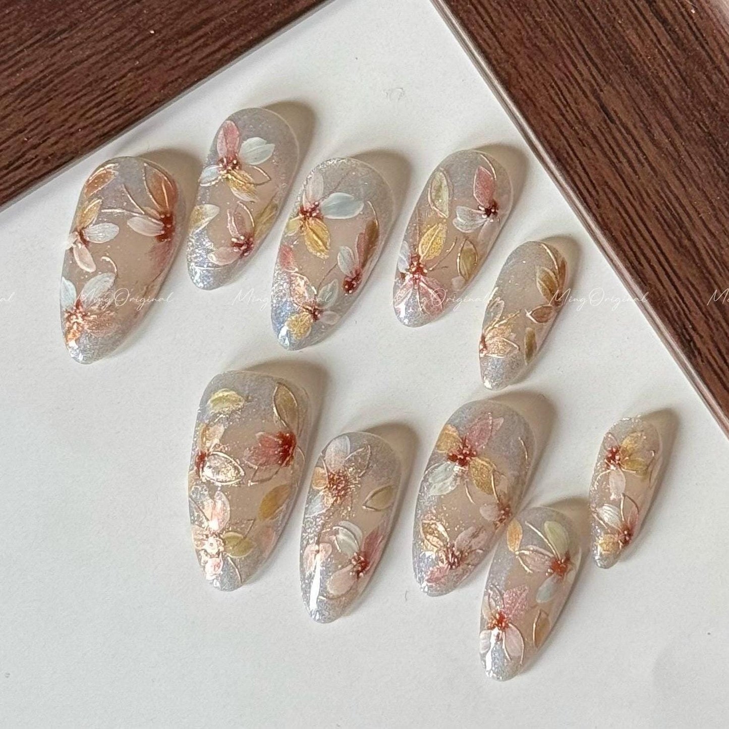 Pressed Floral in Bloom(Version 2) Hand-painted layered flowers, intricate design, gold accents, Japanese art nails, gift for mother, MO587