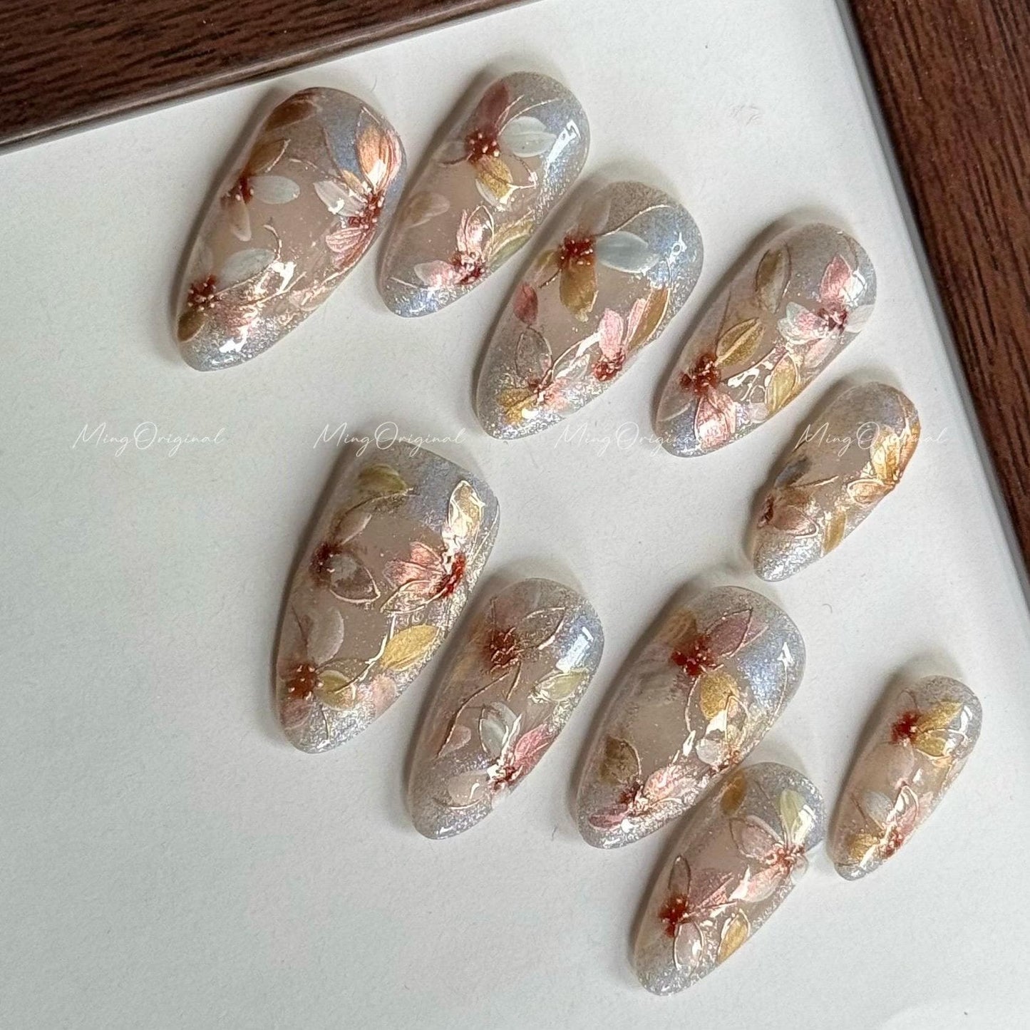Pressed Floral in Bloom(Version 2) Hand-painted layered flowers, intricate design, gold accents, Japanese art nails, gift for mother, MO587