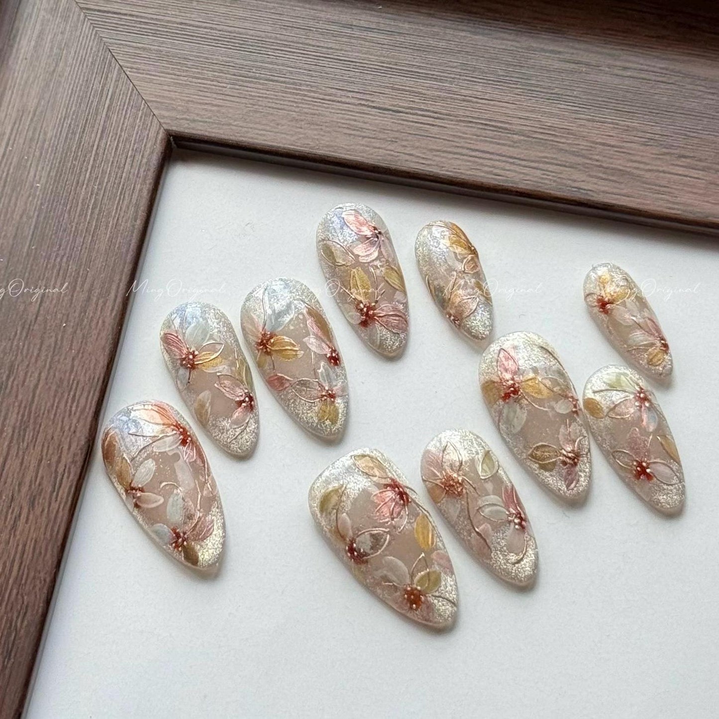 Pressed Floral in Bloom(Version 2) Hand-painted layered flowers, intricate design, gold accents, Japanese art nails, gift for mother, MO587