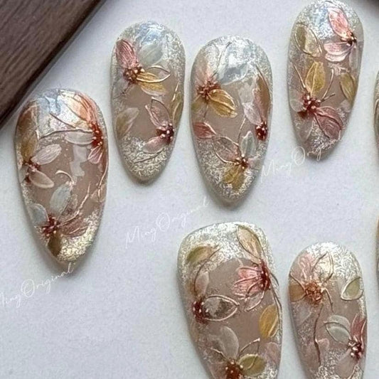 Pressed Floral in Bloom(Version 2) Hand-painted layered flowers, intricate design, gold accents, Japanese art nails, gift for mother, MO587