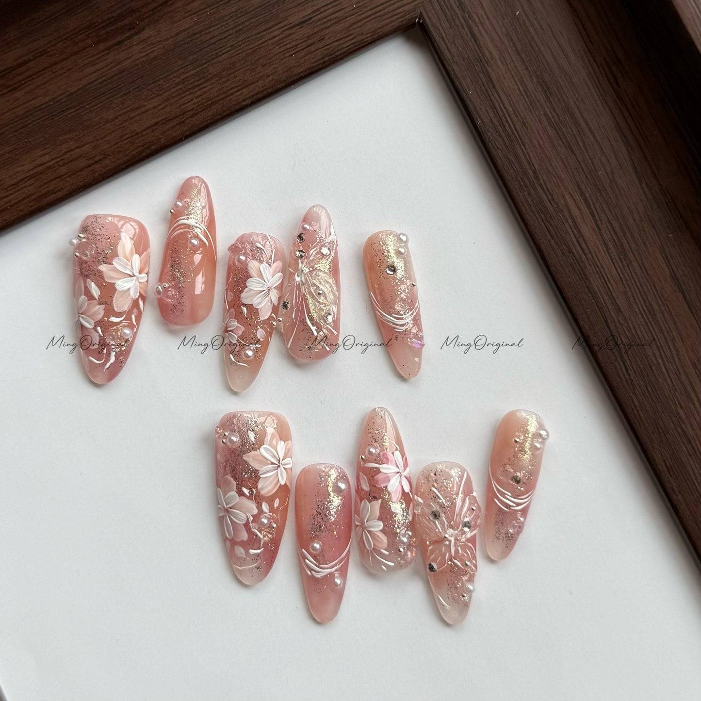 Soft Serenade | 3D butterfly nails, nude pink press on nails, gold foil shimmer, dainty flower nail design, elegant handmade nails, MO564