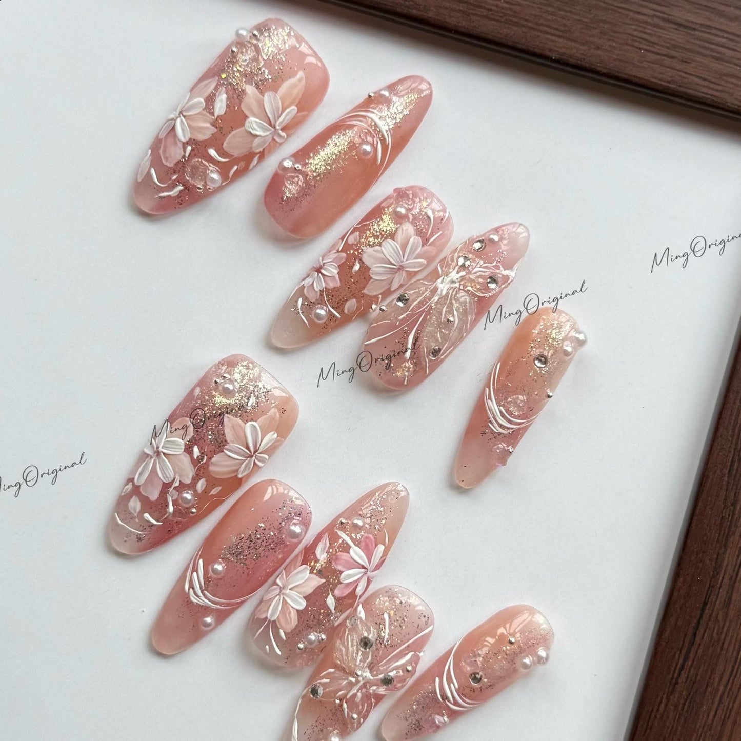 Soft Serenade | 3D butterfly nails, nude pink press on nails, gold foil shimmer, dainty flower nail design, elegant handmade nails, MO564