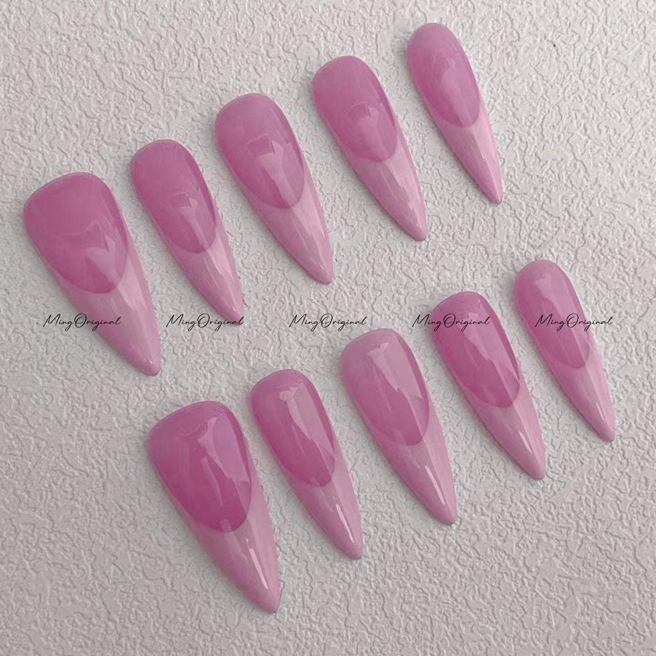 Pink french tip purple press on nail, Premium Hand paint Nails, quality fake nails, Handmade jelly color nail, gift for her, MO588