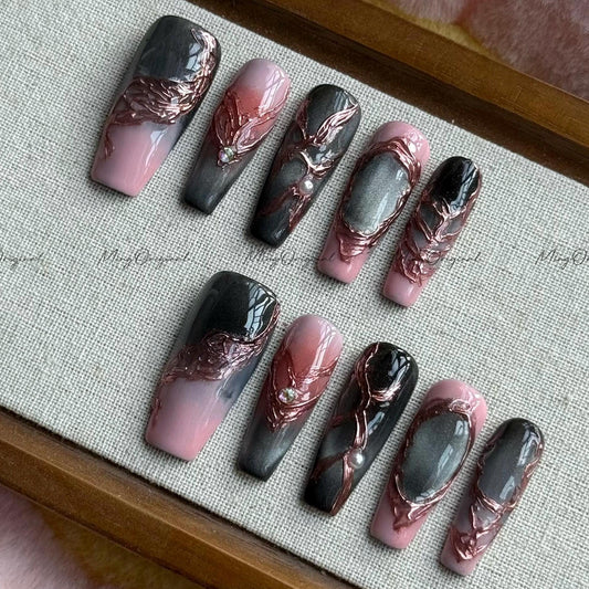 Velvet Eclipse Black and pink ombre press on nails, sculpted design, metallic accent, dark romantic nail art, gothic glam nail, MO565