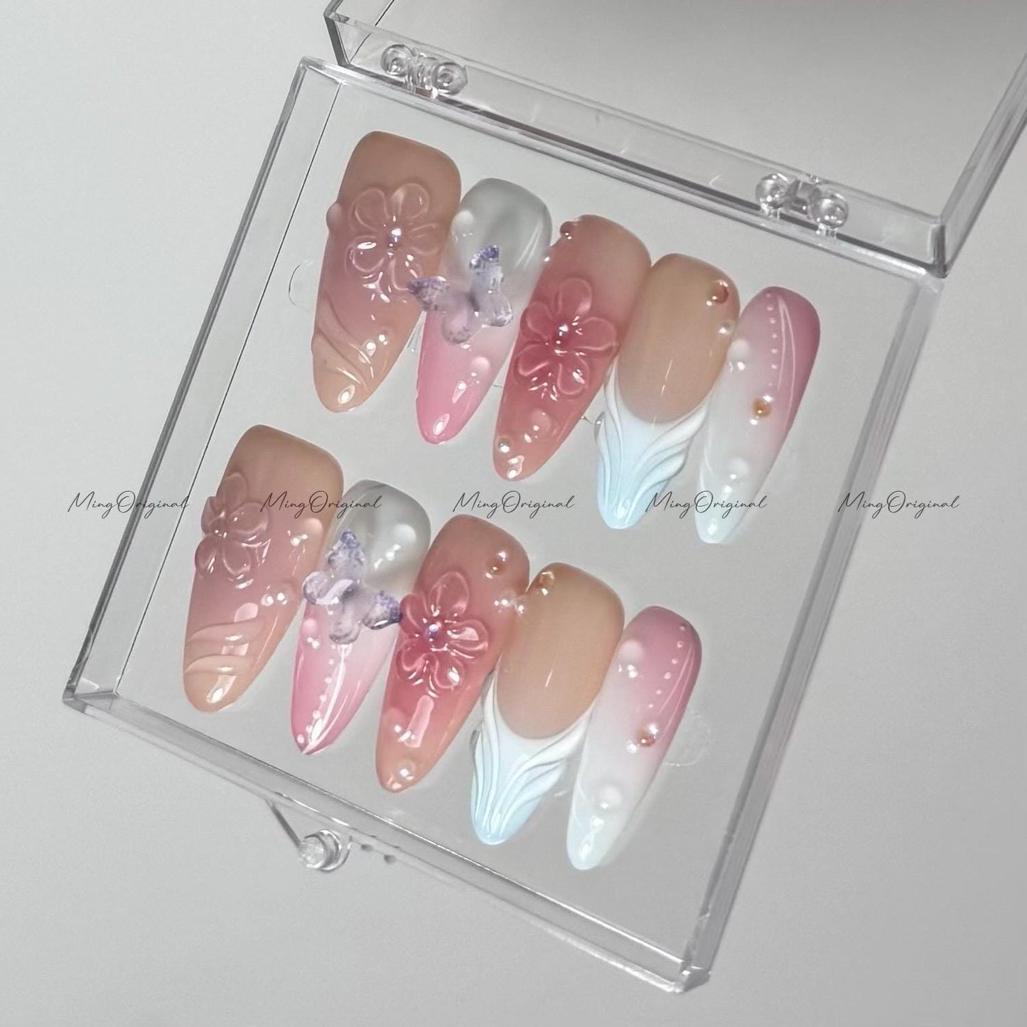 Dreamy Nude Pink Press on Nails, Sculpted Jelly Florals, 3D Butterfly, 3D flower Glossy Gradient pink blue, vacation gift for her,MO590