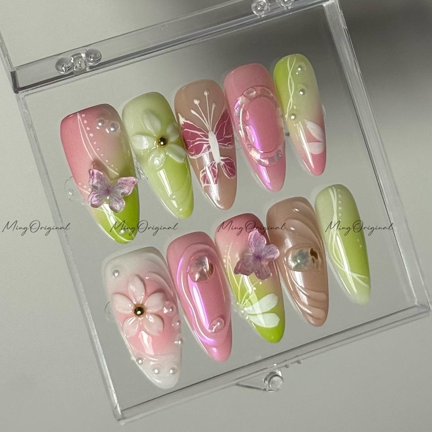 Spring Garden Press on Nails, 3D Flowers, Butterfly Charms, Pearl Accent, Pink Green Jelly Gradient, Handmade nail, gift for her,MO591