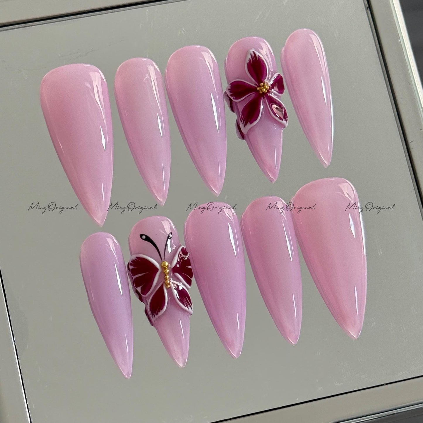 3D sculptured purple flower and butterfly Press on Nails, Free Style tropical Fairycore glue on nail, fake nail, gift for her, MO287