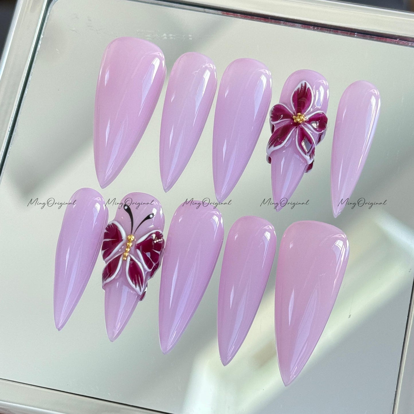 3D sculptured purple flower and butterfly Press on Nails, Free Style tropical Fairycore glue on nail, fake nail, gift for her, MO287