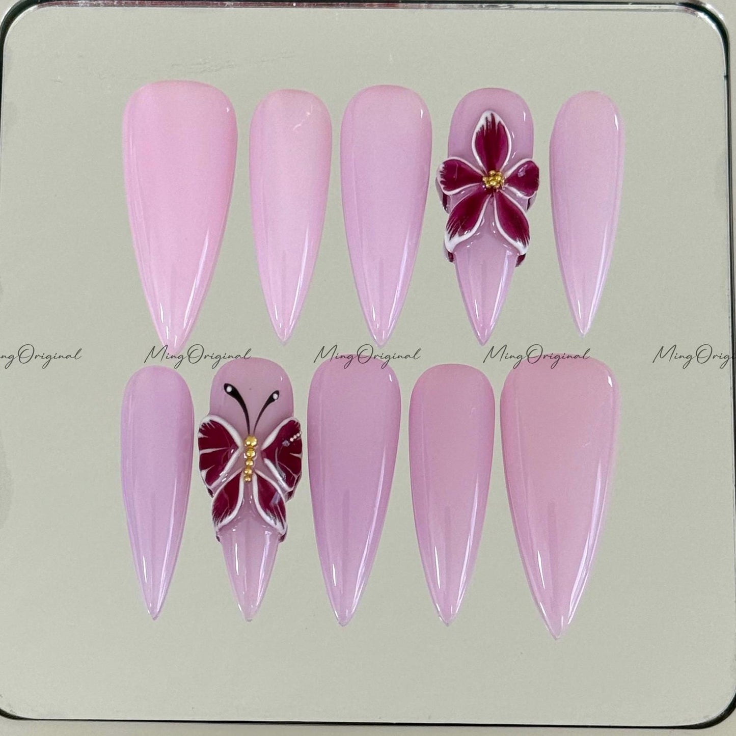 3D sculptured purple flower and butterfly Press on Nails, Free Style tropical Fairycore glue on nail, fake nail, gift for her, MO287