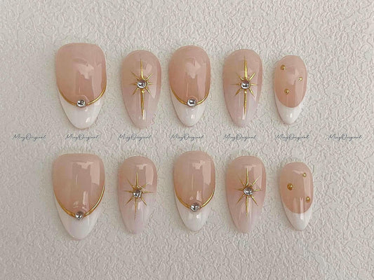 White and Gold press on nails, gold chrome mirror star reusable nail, minimalist french tip nail, jelly fake nail, gift for her,MO592