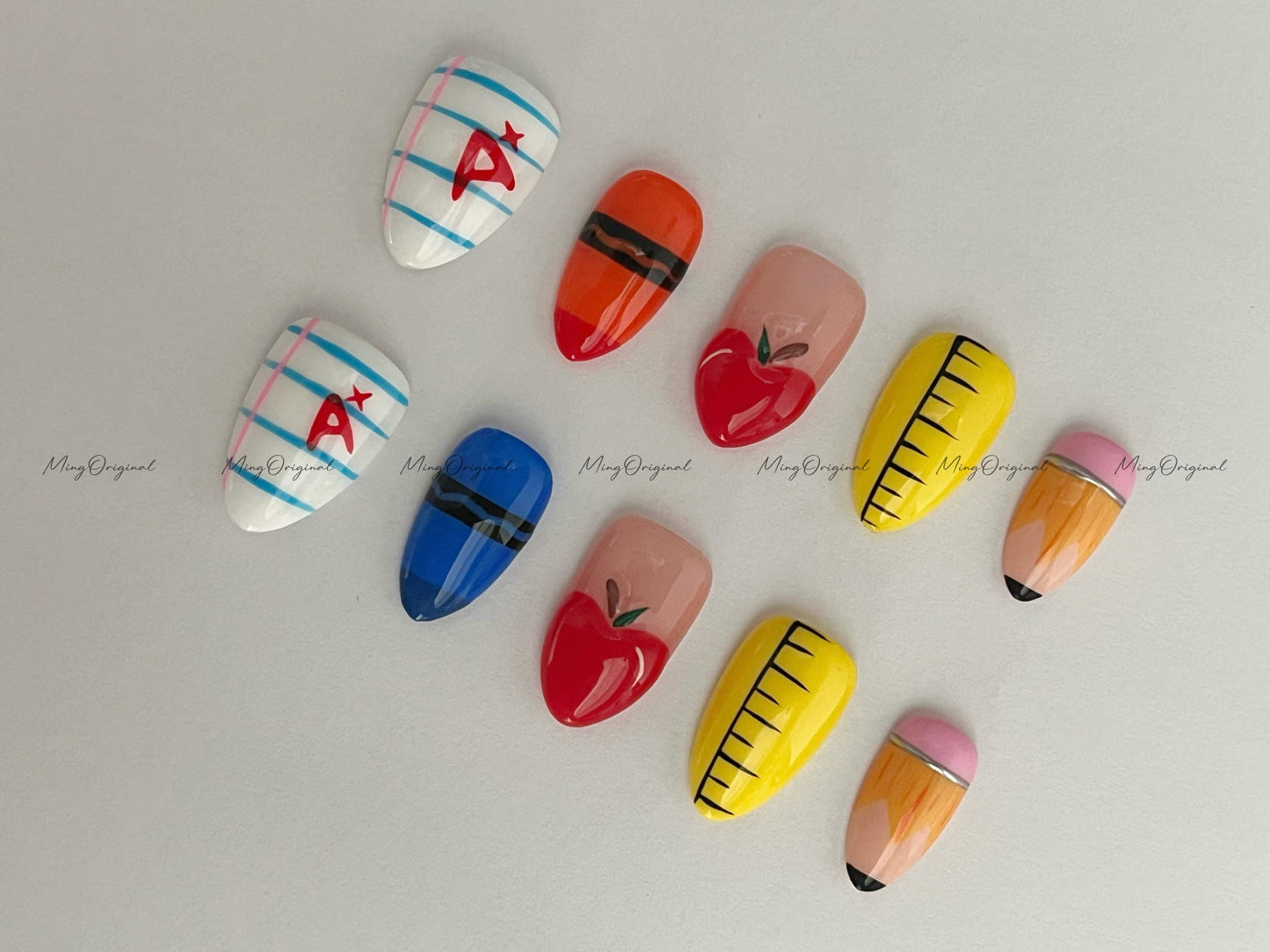 Back to School Nails | A+ Notebook, Crayon, Apple, Ruler, Pencil Press On Nails for Teacher Appreciation or First Day of School, MO593