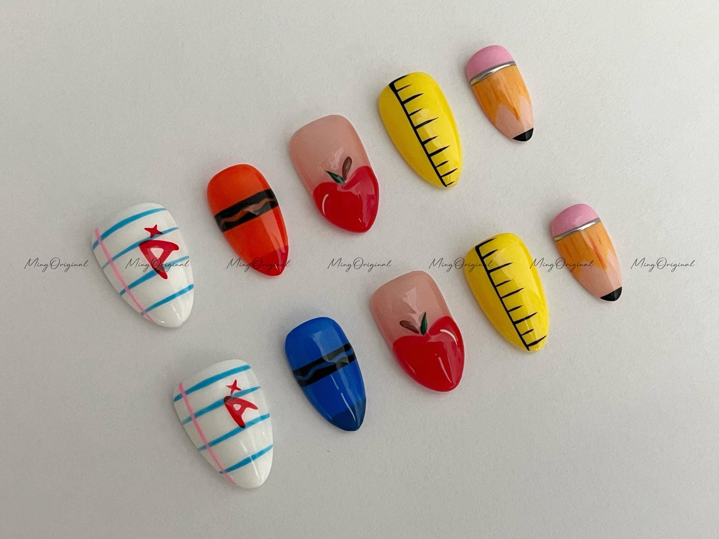 Back to School Nails | A+ Notebook, Crayon, Apple, Ruler, Pencil Press On Nails for Teacher Appreciation or First Day of School, MO593