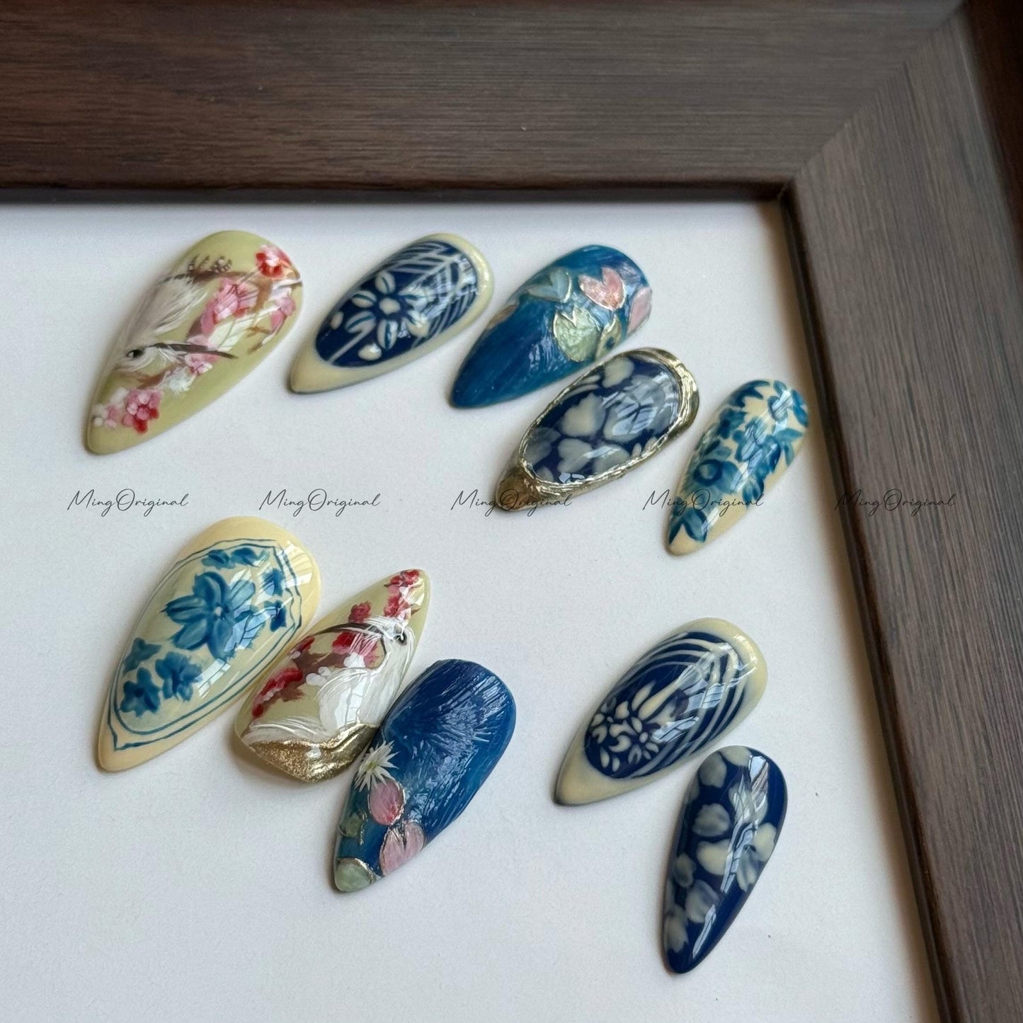 Porcelain Garden | Blue and White Furry Bird & Floral Press On Nails, Hand Painted Nail Art, Ceramic Style, Elegant Botanical Nails,MO568