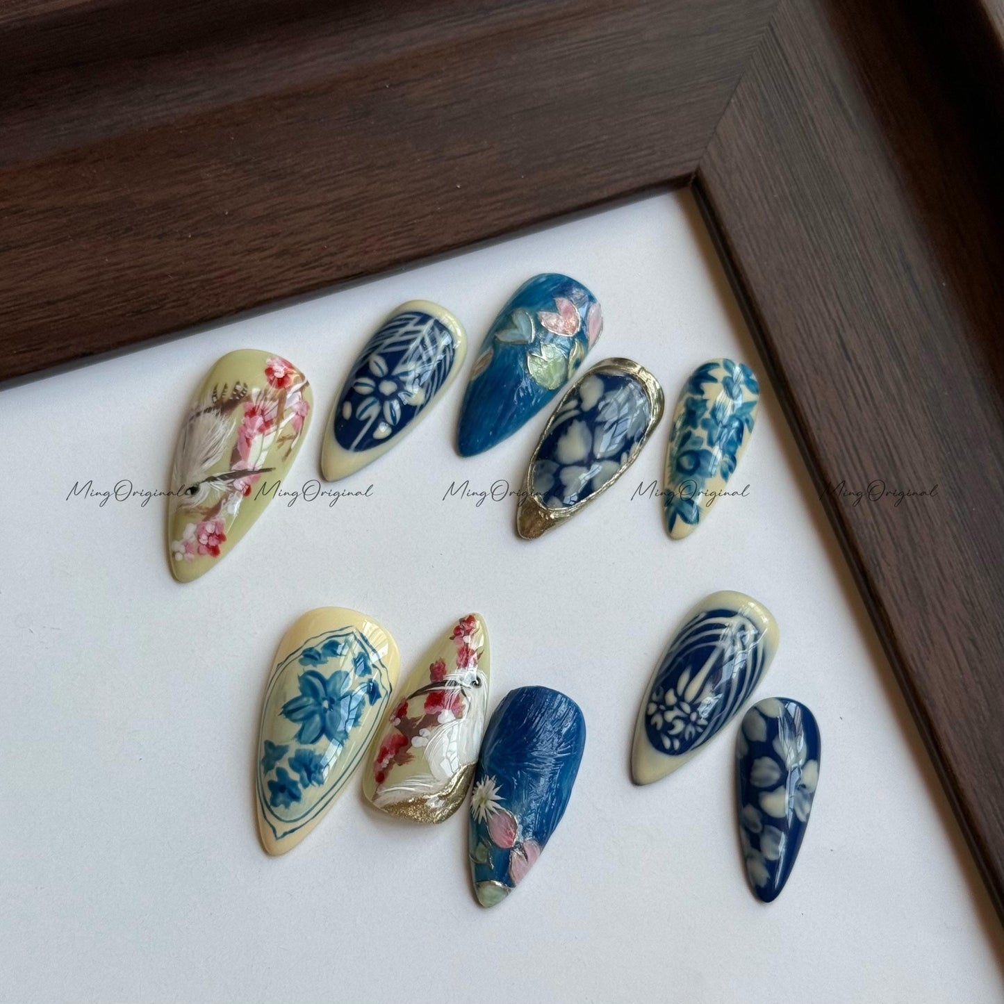 Porcelain Garden | Blue and White Furry Bird & Floral Press On Nails, Hand Painted Nail Art, Ceramic Style, Elegant Botanical Nails,MO568