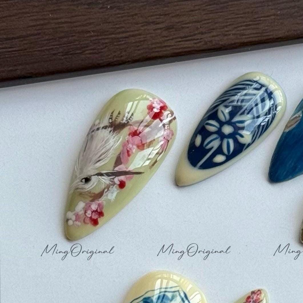 Porcelain Garden | Blue and White Furry Bird & Floral Press On Nails, Hand Painted Nail Art, Ceramic Style, Elegant Botanical Nails,MO568
