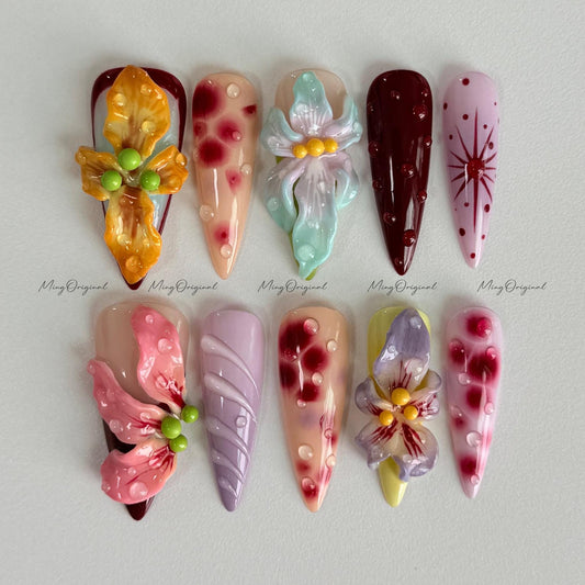 3D sculptured flower Press on Nails, Free Style tropical Fairycore Floral nail, fake nail, art nail, gift for her, MO260