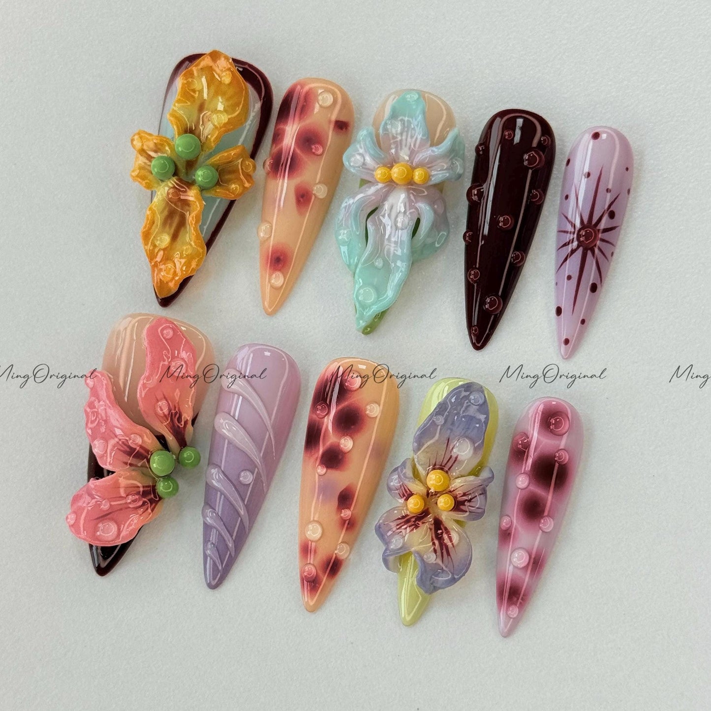 3D sculptured flower Press on Nails, Free Style tropical Fairycore Floral nail, fake nail, art nail, gift for her, MO260
