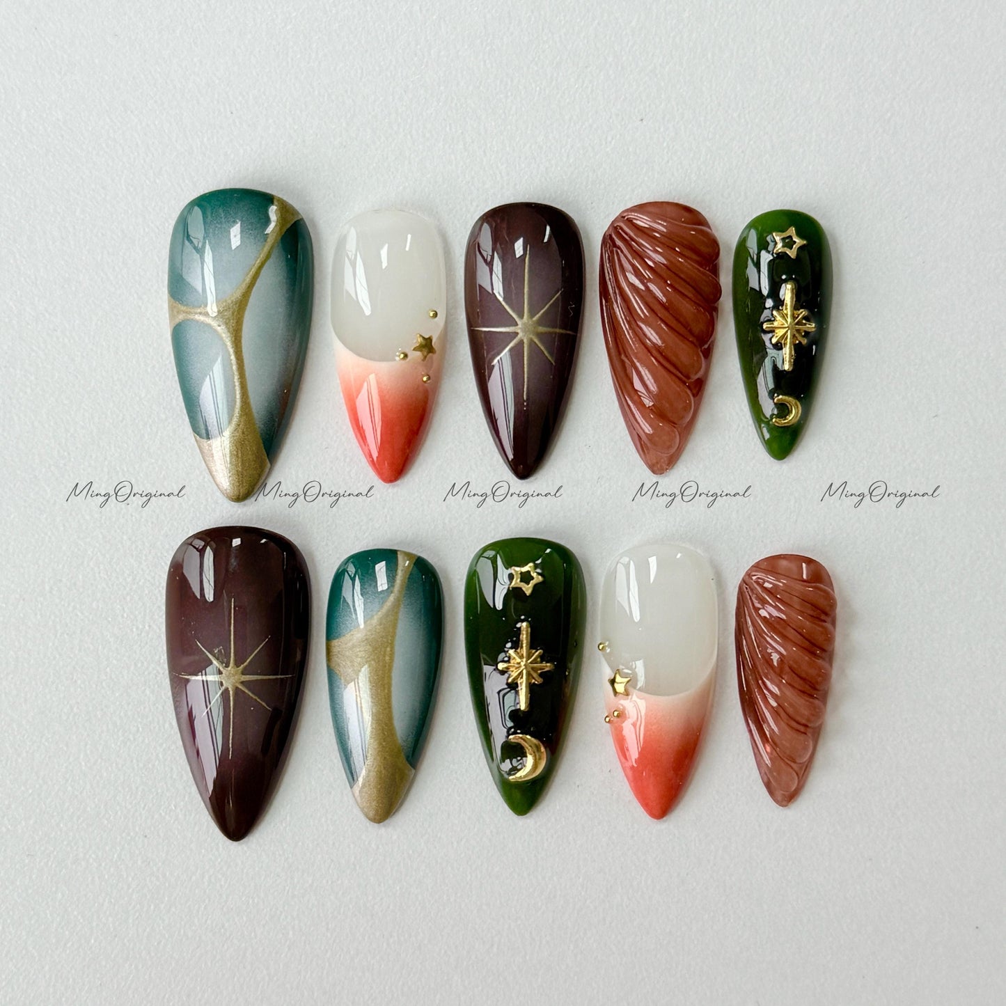 Free style ombre chrome Press on Nails, hand painted autumu handmade Nails with gold charm stars, vintage style