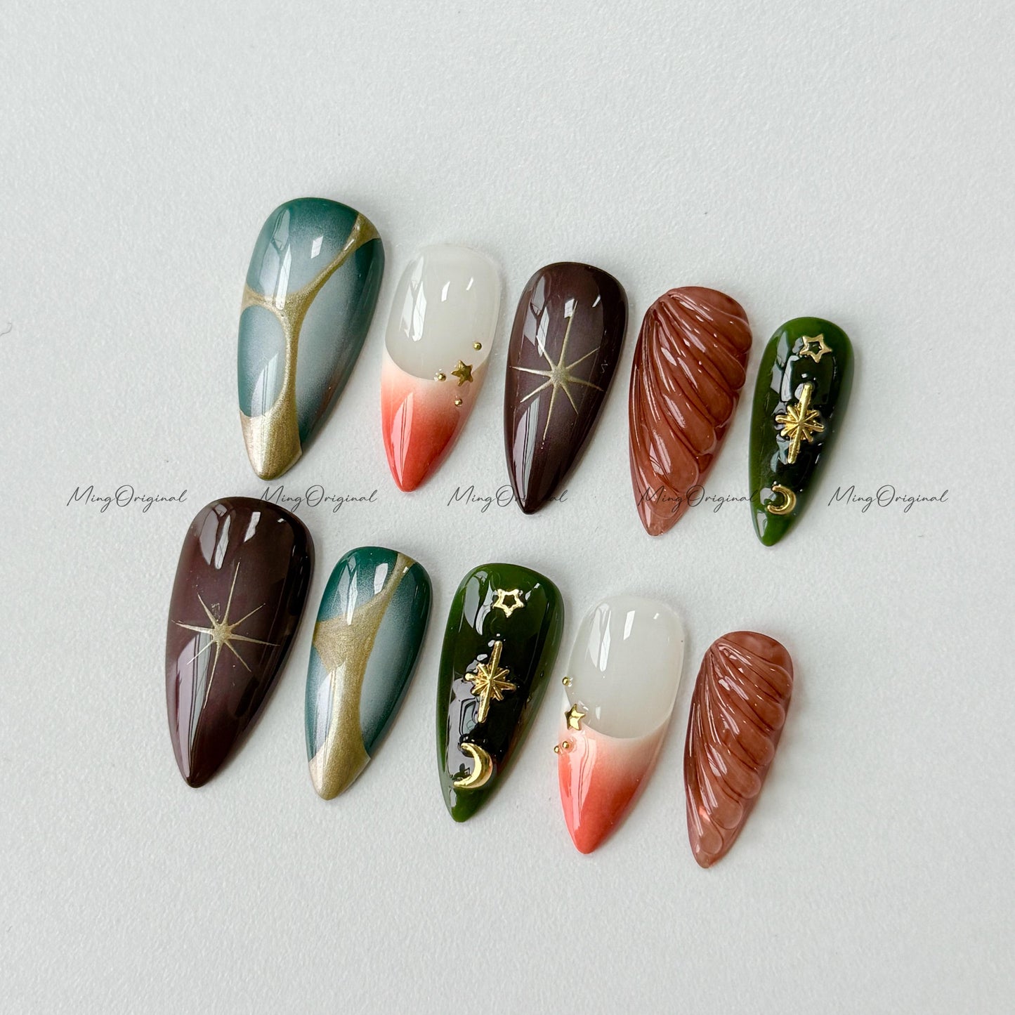 Free style ombre chrome Press on Nails, hand painted autumu handmade Nails with gold charm stars, vintage style