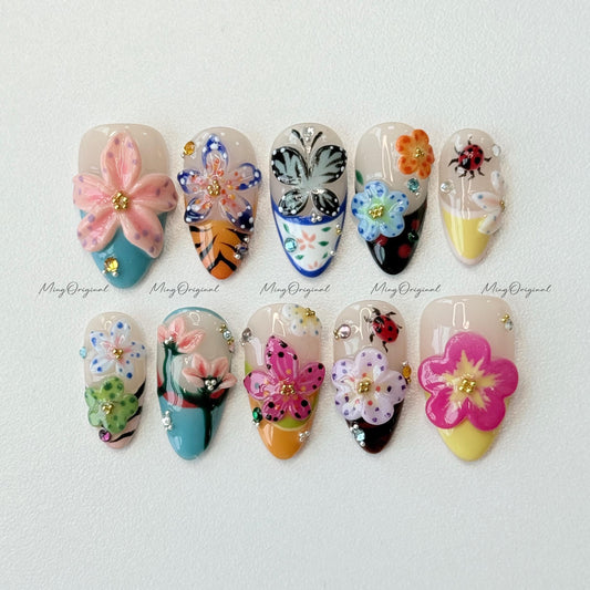 3D sculptured flower and butterfly Press on Nails, Free Style tropical Fairycore lotus Floral nail, ladybirds fake nail, gift for her, MO259