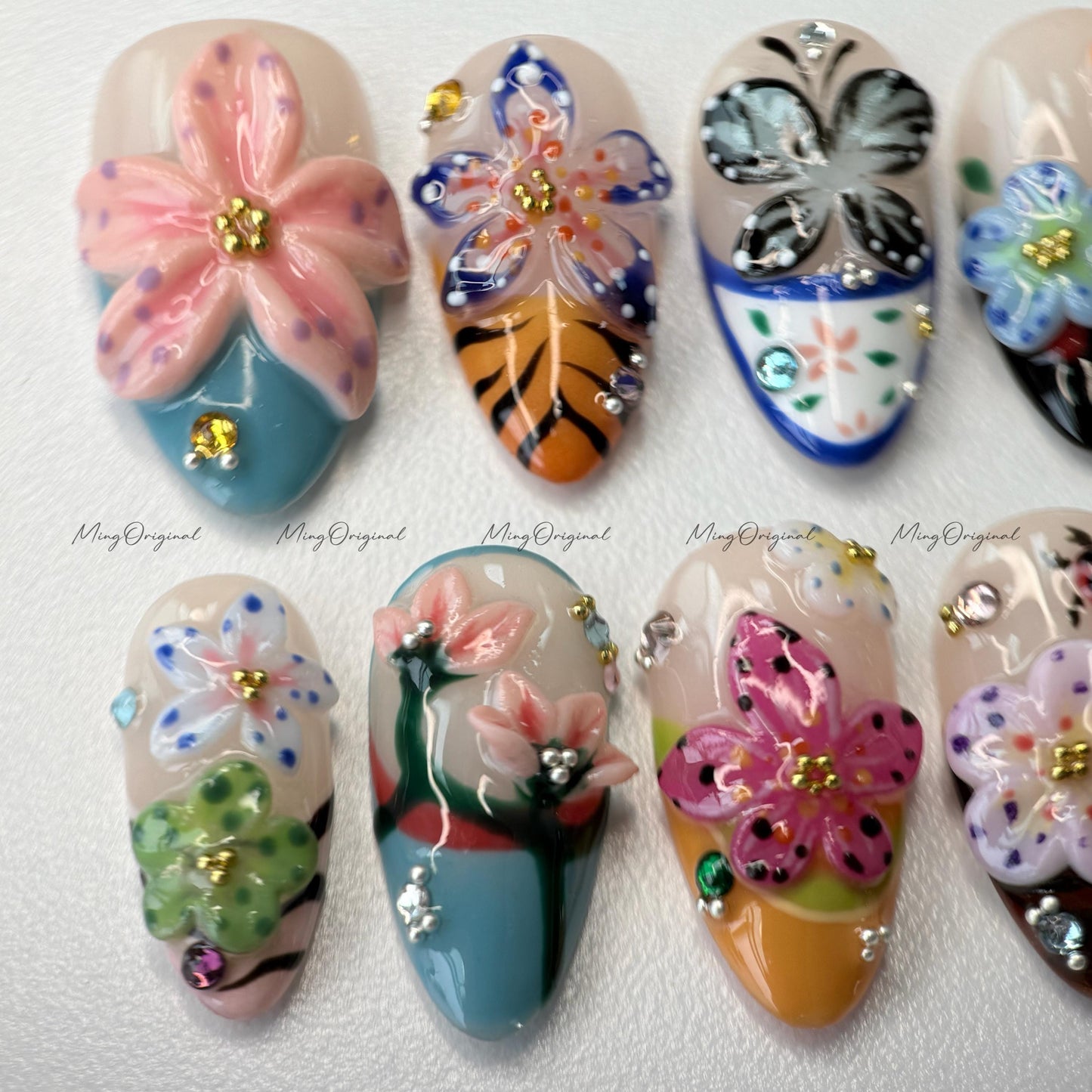 3D sculptured flower and butterfly Press on Nails, Free Style tropical Fairycore lotus Floral nail, ladybirds fake nail, gift for her, MO259
