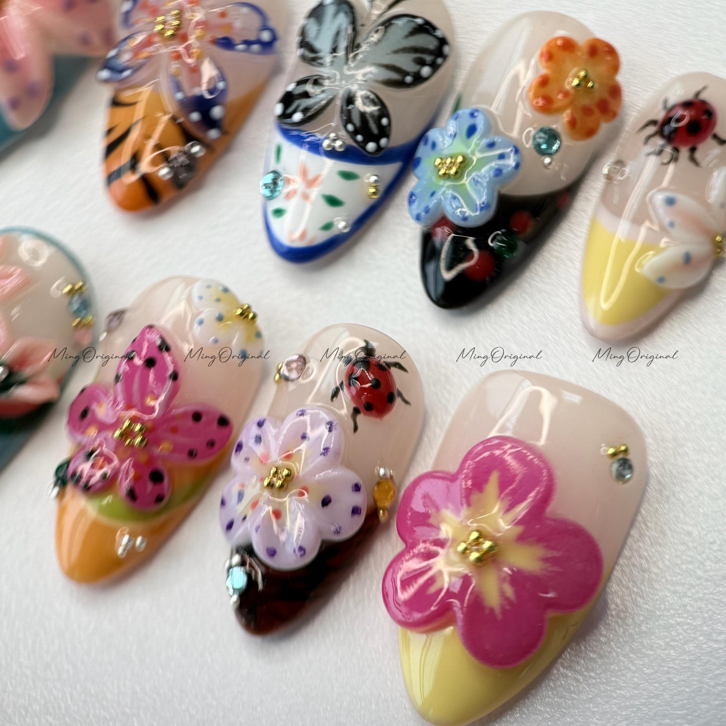 3D sculptured flower and butterfly Press on Nails, Free Style tropical Fairycore lotus Floral nail, ladybirds fake nail, gift for her, MO259