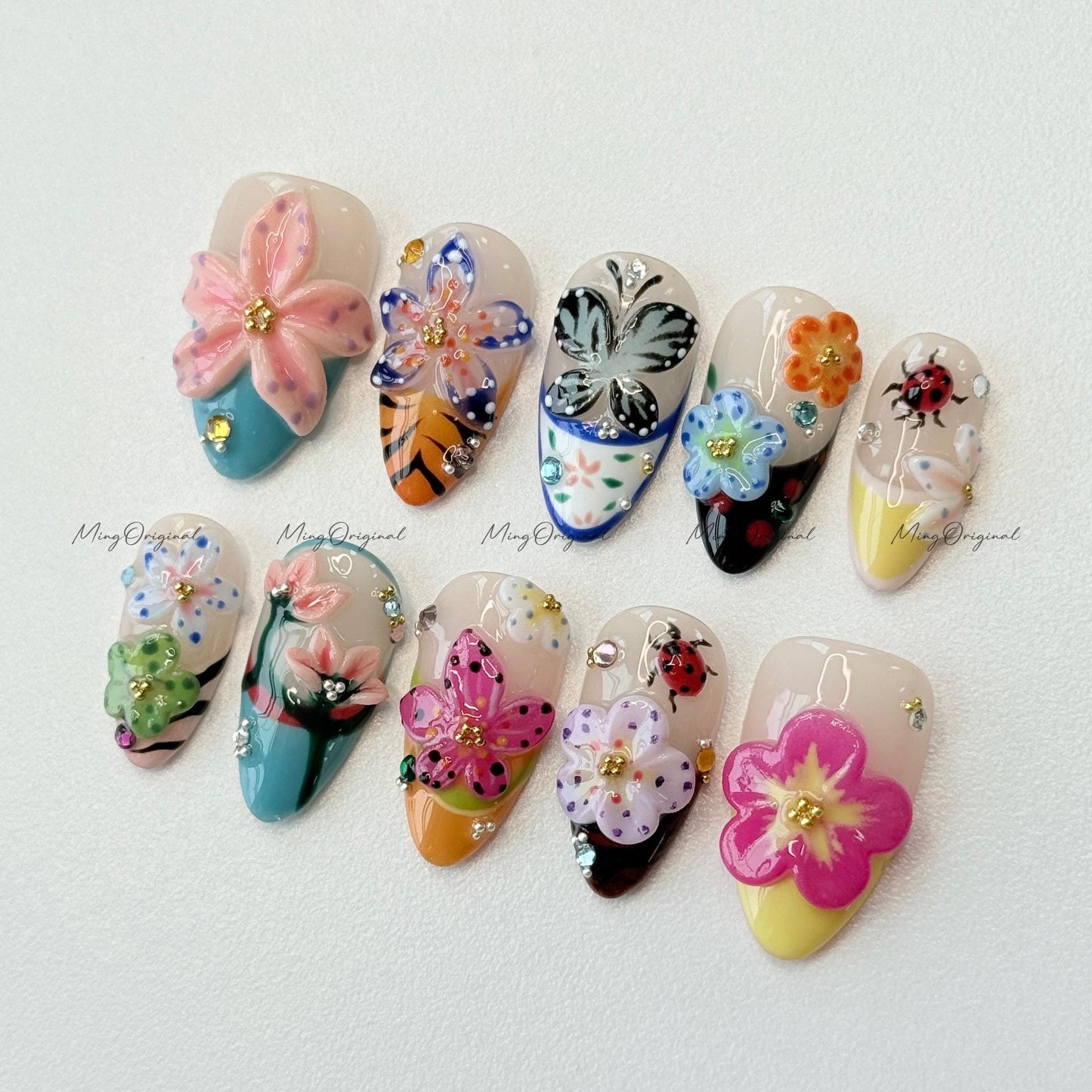 3D sculptured flower and butterfly Press on Nails, Free Style tropical Fairycore lotus Floral nail, ladybirds fake nail, gift for her, MO259