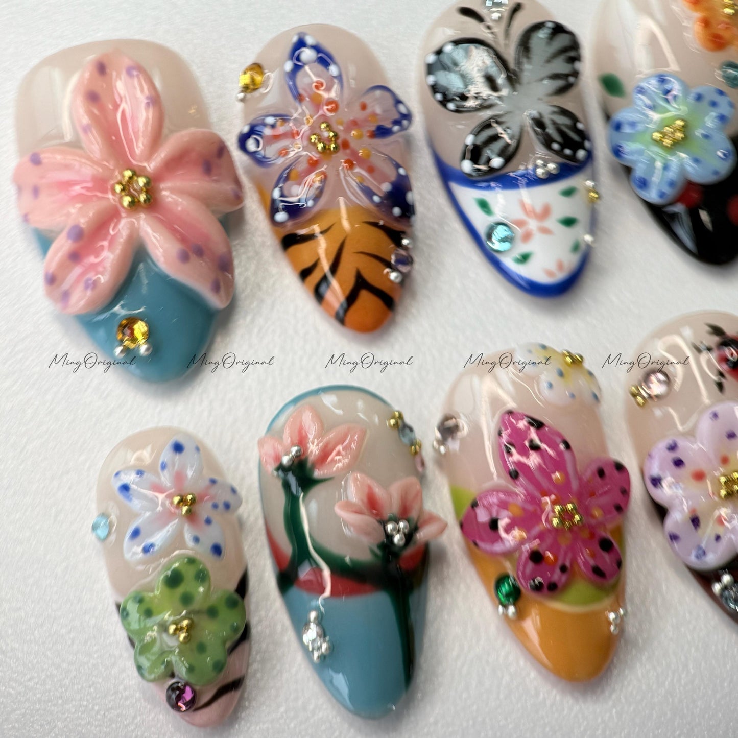 3D sculptured flower and butterfly Press on Nails, Free Style tropical Fairycore lotus Floral nail, ladybirds fake nail, gift for her, MO259