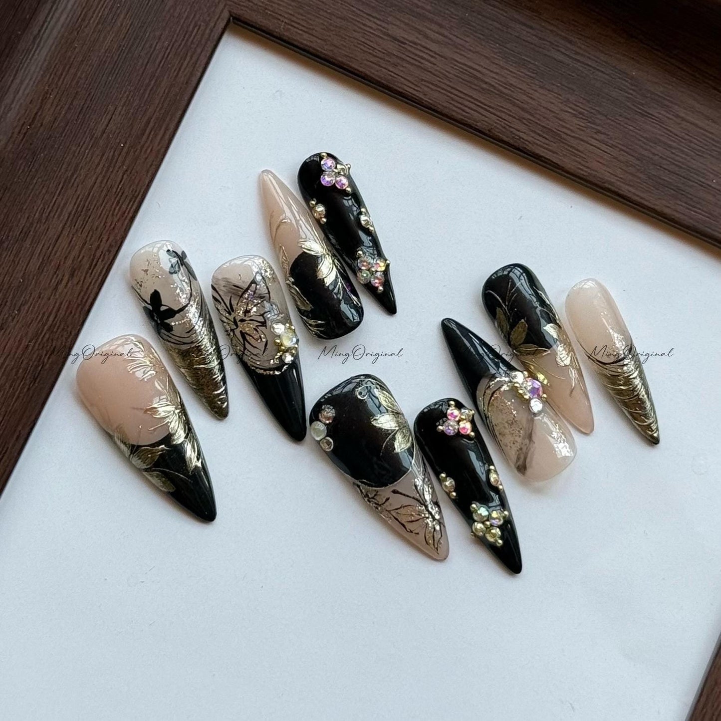 Gilded Whisper Black and Gold Press On Nails, Butterfly and Floral Design, Subtle Luxury with Crystals, Hand Painted Oriental Nail Art MO569