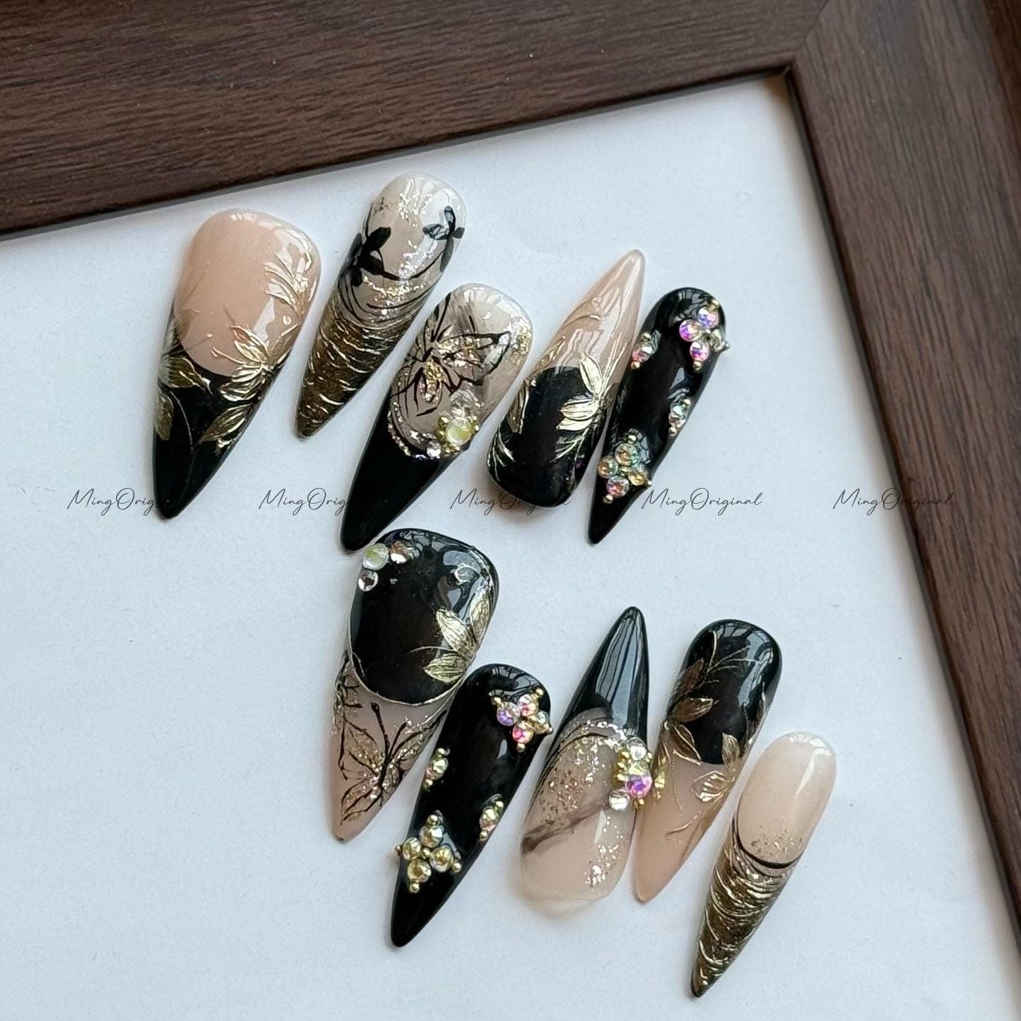 Gilded Whisper Black and Gold Press On Nails, Butterfly and Floral Design, Subtle Luxury with Crystals, Hand Painted Oriental Nail Art MO569