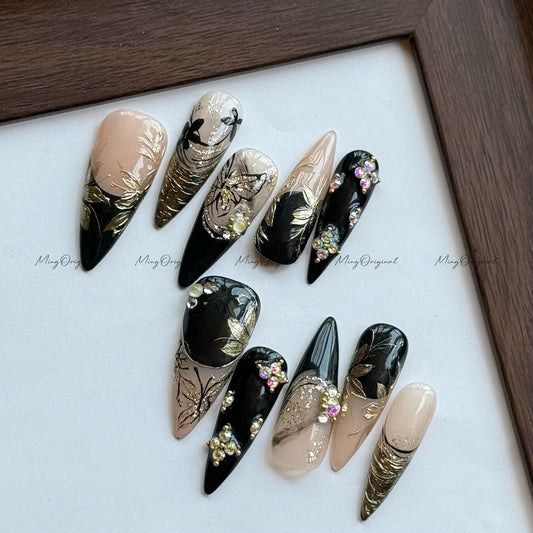 Gilded Whisper Black and Gold Press On Nails, Butterfly and Floral Design, Subtle Luxury with Crystals, Hand Painted Oriental Nail Art MO569