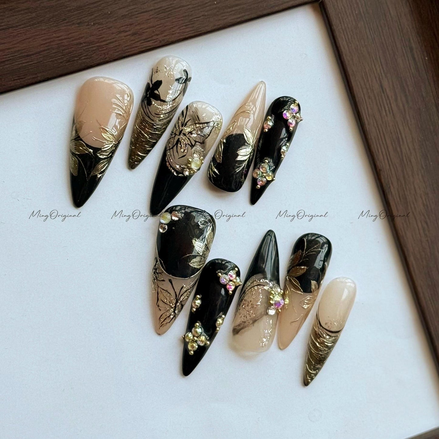 Gilded Whisper Black and Gold Press On Nails, Butterfly and Floral Design, Subtle Luxury with Crystals, Hand Painted Oriental Nail Art MO569