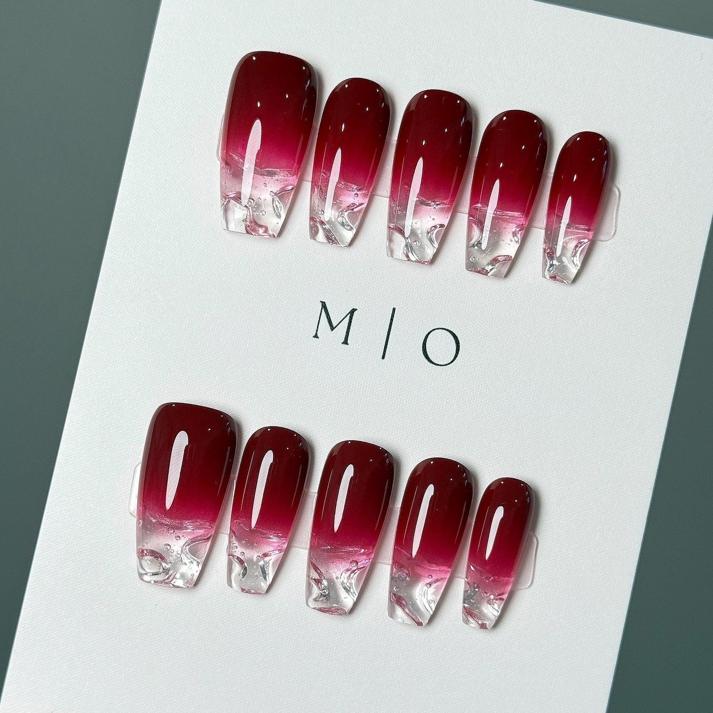 Water encapsulated Red Ombre Gradient Faded clear Press on Nails, transparent tip nail, 3d Fake nails, Exclusive Edition,gift for her, MO570