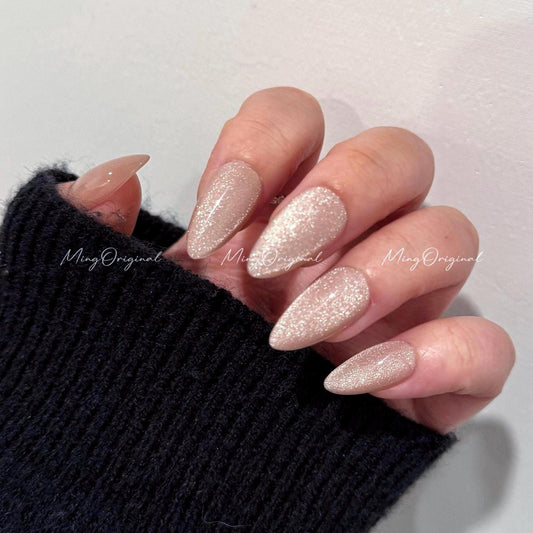 Simple nude cat eye, all occasions magnetic cat eye press on nails, semitransparent reuse nails, glitter fake nail, everyday nail, MO571