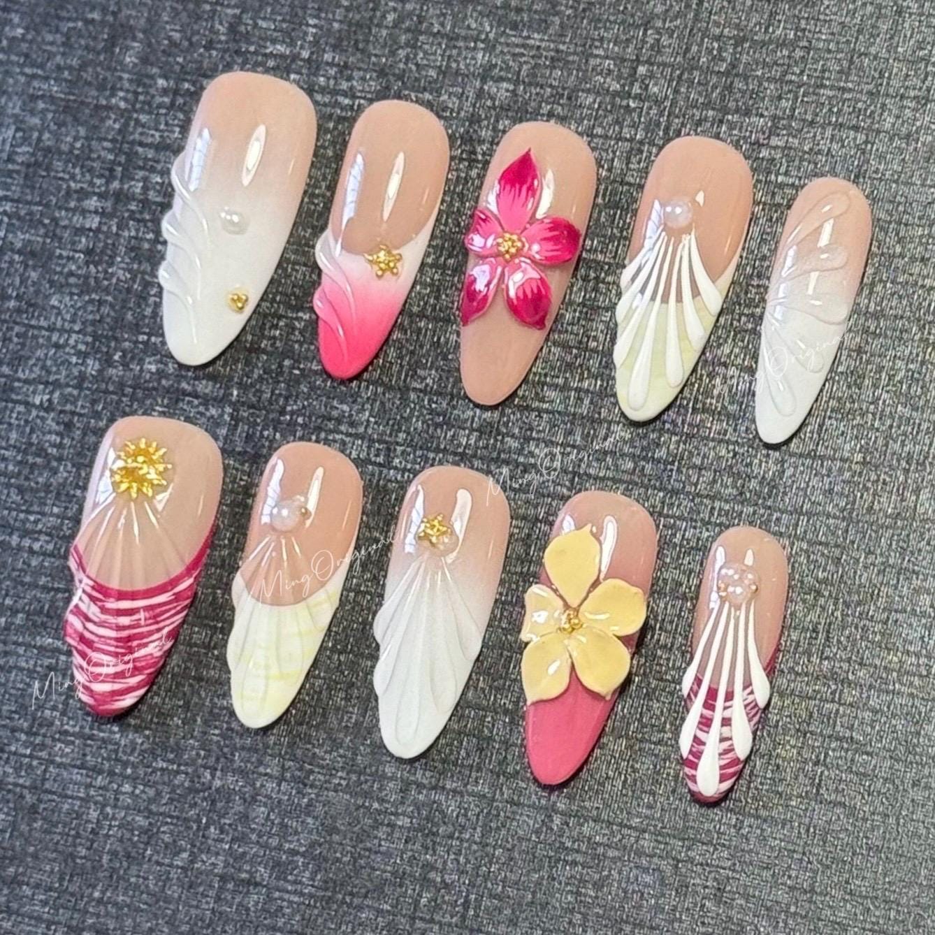 Blossom Veil Sculpted Floral Press On Nails, 3D Cherry Blossom Design, Pink and Nude French Draping, Fairycore Tropical summer nail, MO574