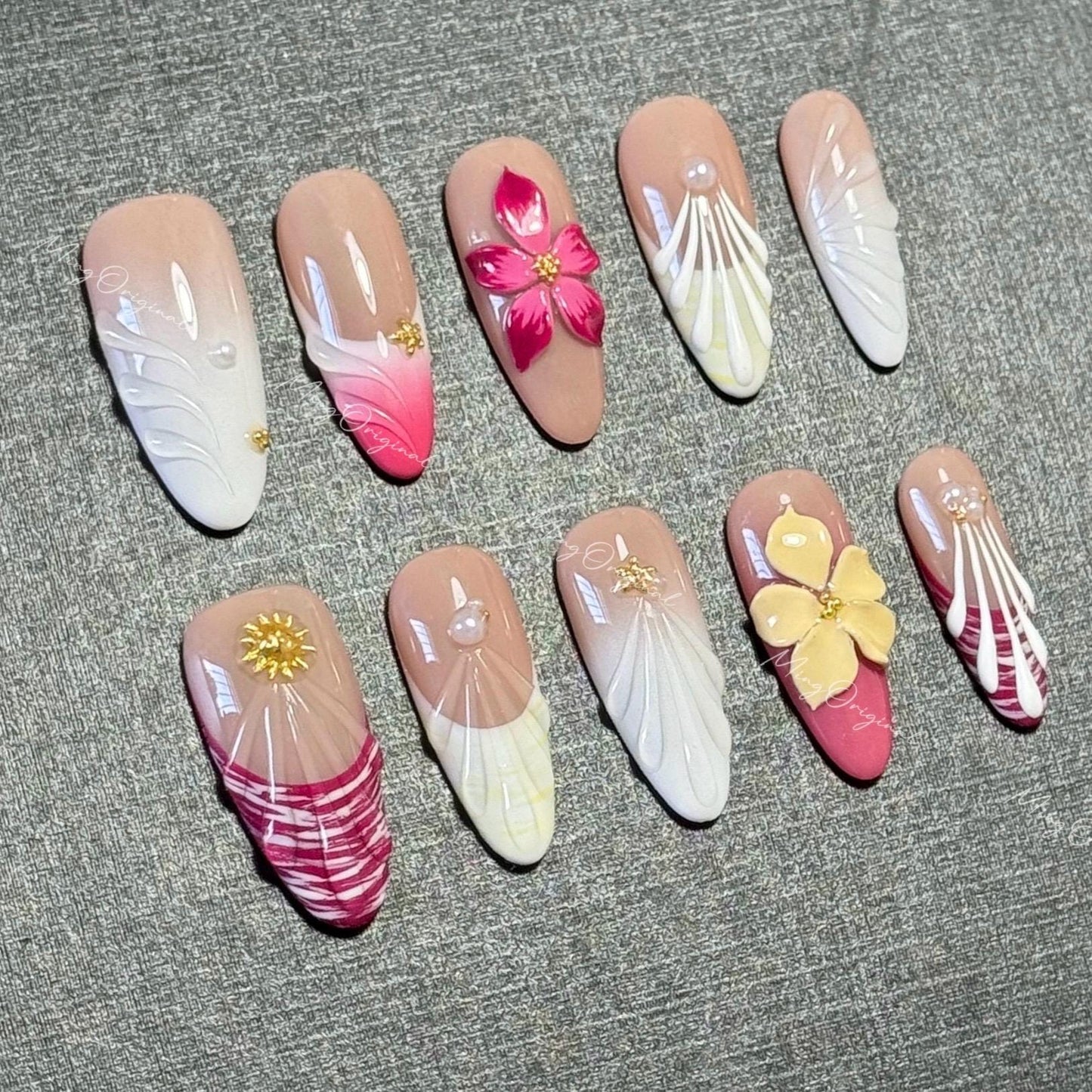 Blossom Veil Sculpted Floral Press On Nails, 3D Cherry Blossom Design, Pink and Nude French Draping, Fairycore Tropical summer nail, MO574