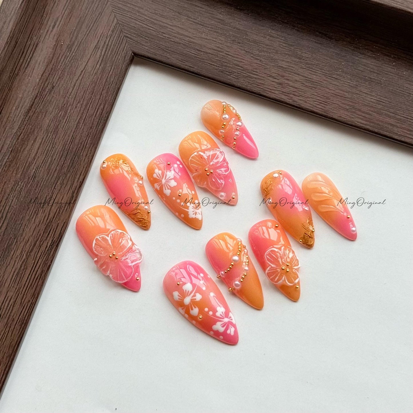 Tropical Sunset Floral Press on Nails, 3D Flower Hand Painted Hibiscus, Ombre Pink Orange, Gold Detail Accents, Summer Beach Vibes, MO596